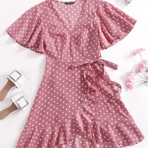 Butterfly Sleeve Wrap Tie Side Polka Dot Dress in Medium